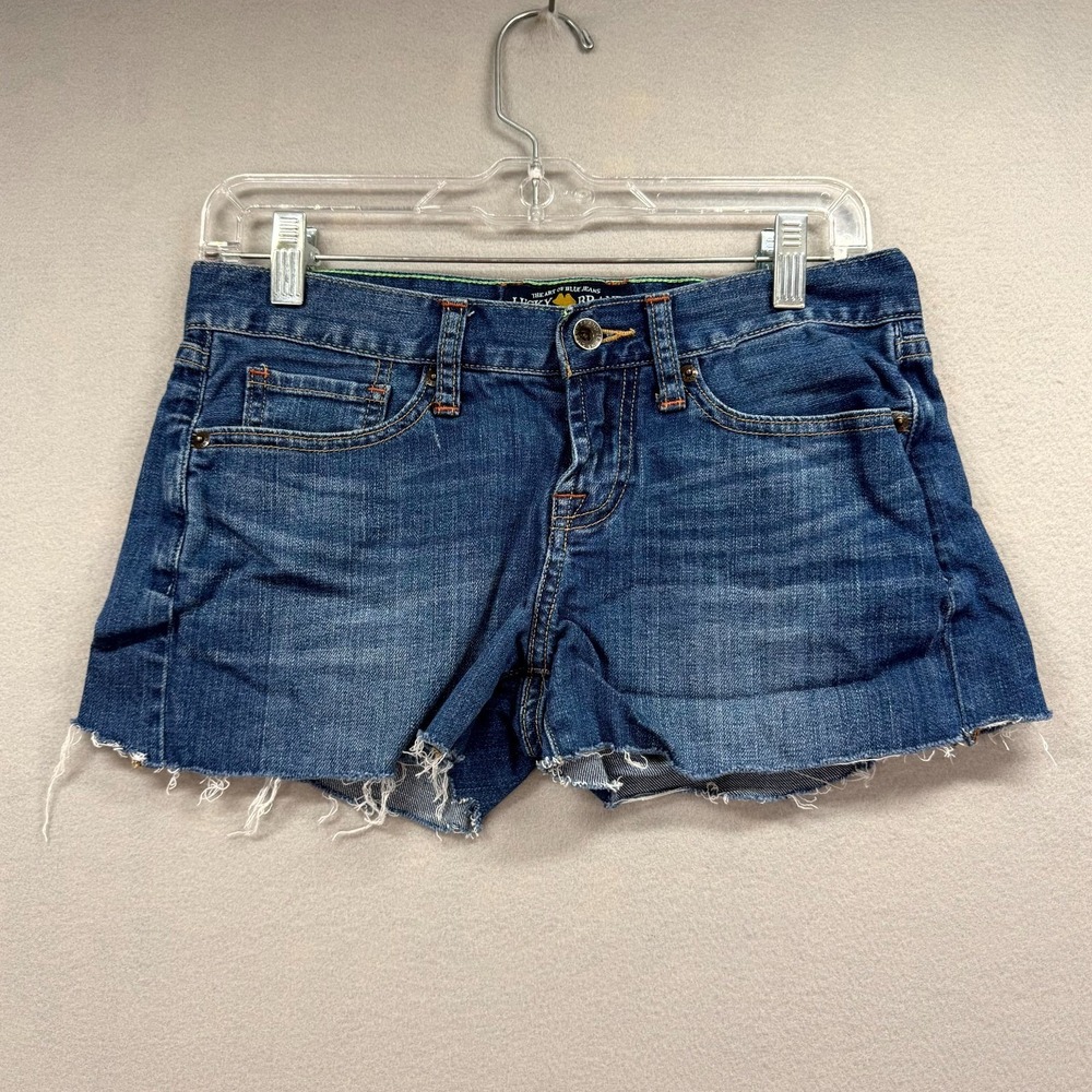 Lucky Brand Jean Abbey Shorts Womens 0/25 Blue Denim Jorts Casual Raw Frayed Hem